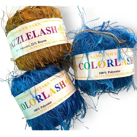 3 Skeins Plymouth Yarn COLORLASH #32 Blue & DAZZLELASH #105 Gold Eyelash Ribbon - Picture 12 of 16